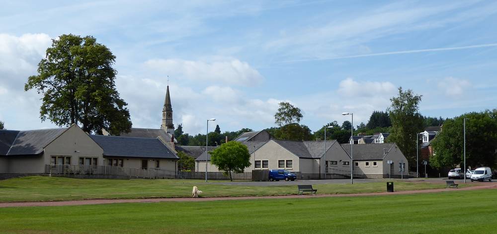 View from New Trows Road of church and Bankhouse Care Home