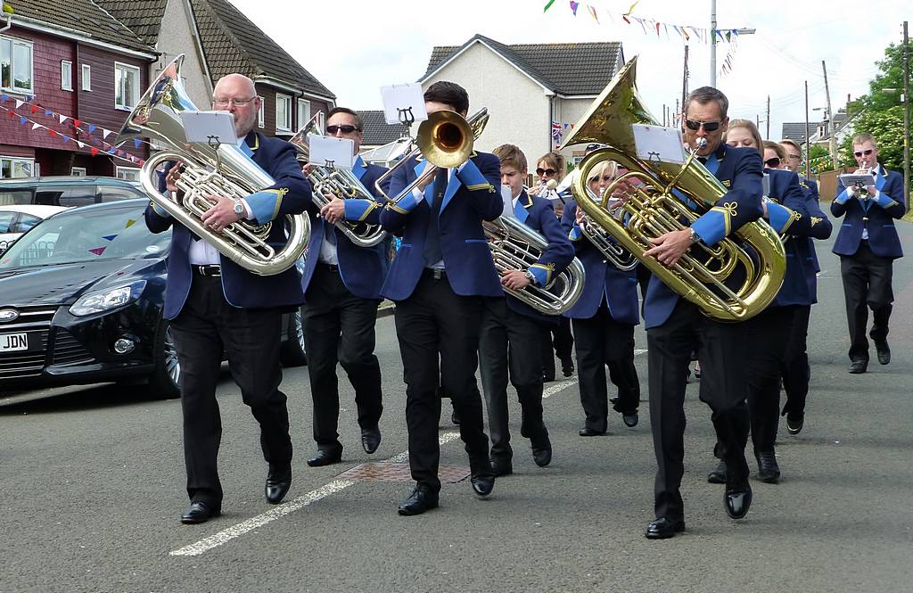 Coalburn Silver Band marching from their hall to Victoria Hall for the start of the Gala Procession, 5th July, 2014.