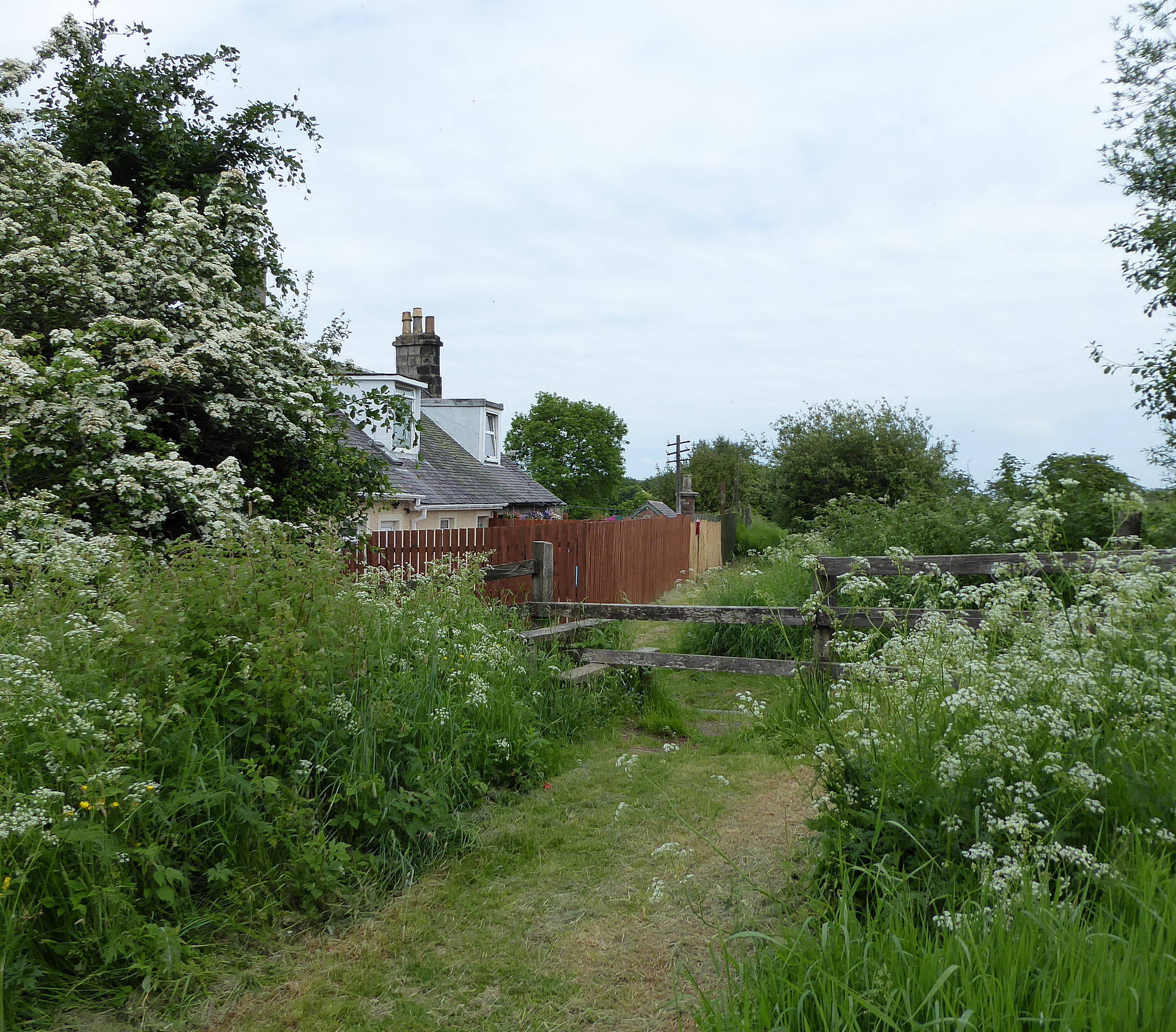 Railway cottages and style over railway path. 8th June 2018