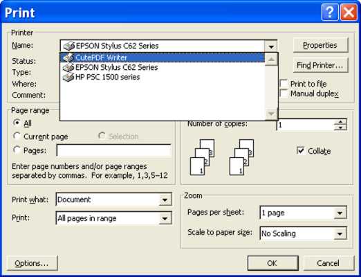 CutePDF as an alternative printer