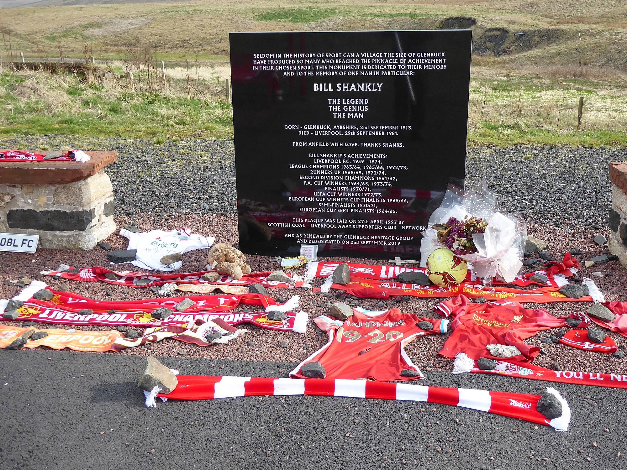 Bill Shankly Memorial, Glenbuck Heritage Village on the location of the Shankly family house.