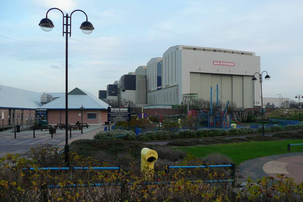 The Dock Museum and behind it the BAE Systems Devonshire Dock Hall