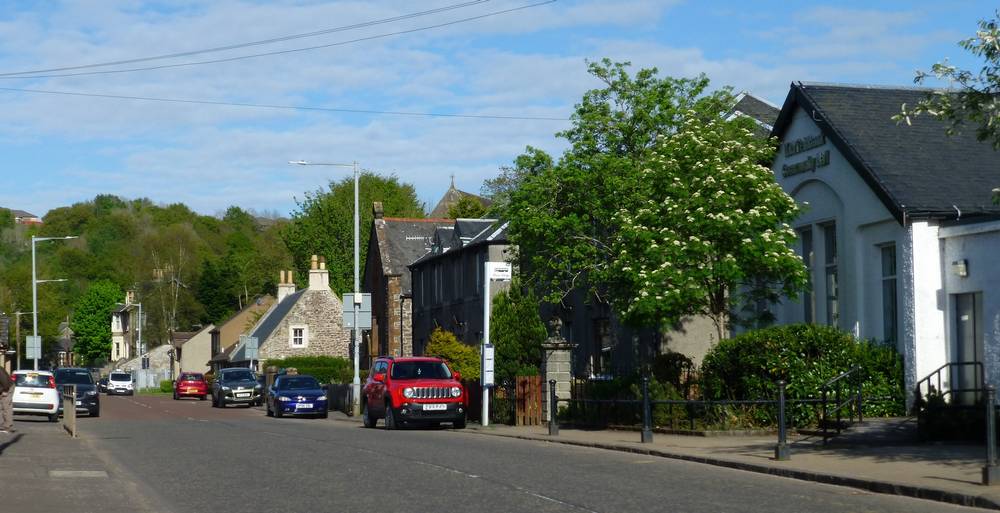 Riverside Road, Kirkfieldbank with Community Hall on the right.