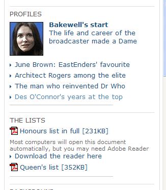 From BBC website on June 2008 Honours -use of PDFs