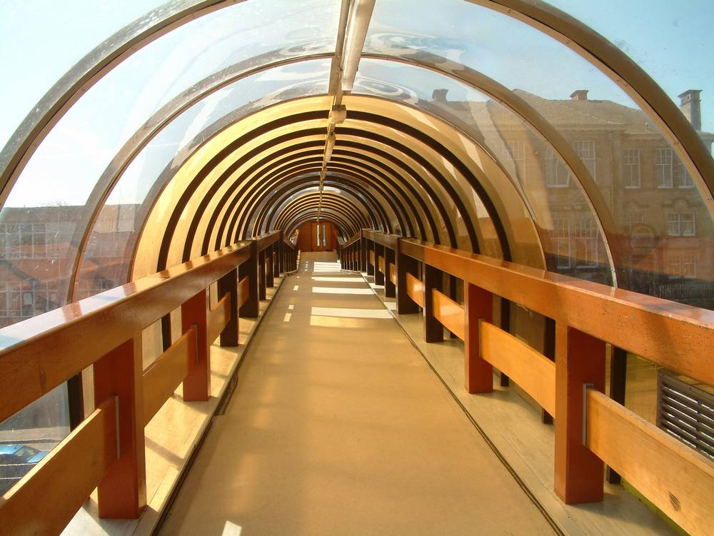 Inside of link bridge over School Road