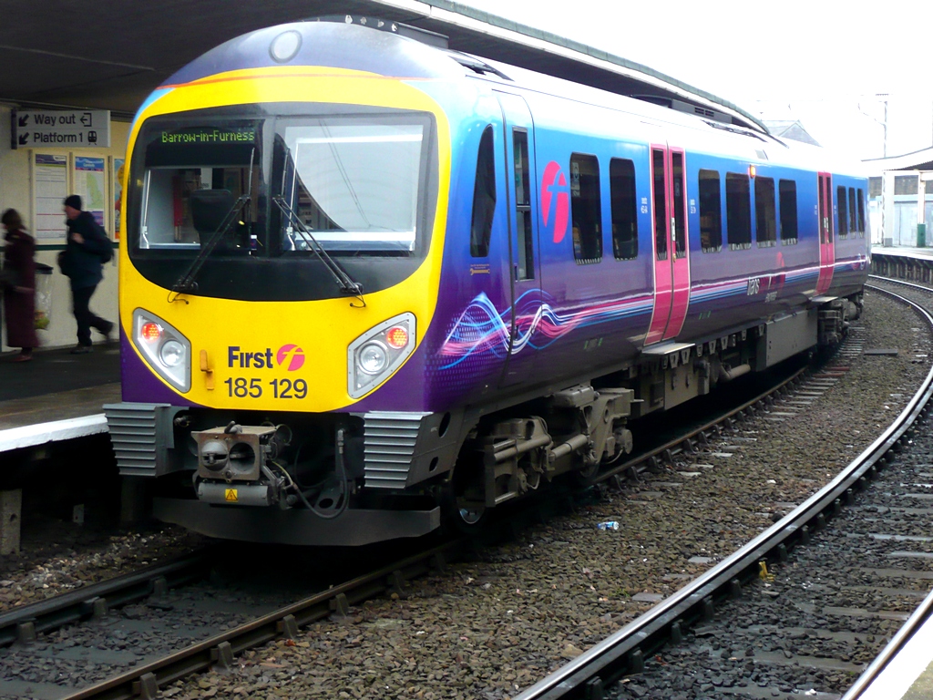 185129 leaving Carnforth Station for Barrow. Date 10th Nov 2009