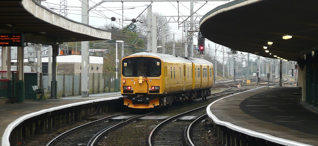 Track Inspection unit 950001 leaving Carnforth Station. Date 10th Nov 2009.